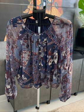 autres filles Boho Navy Floral Patchwork Peasant Blouse L